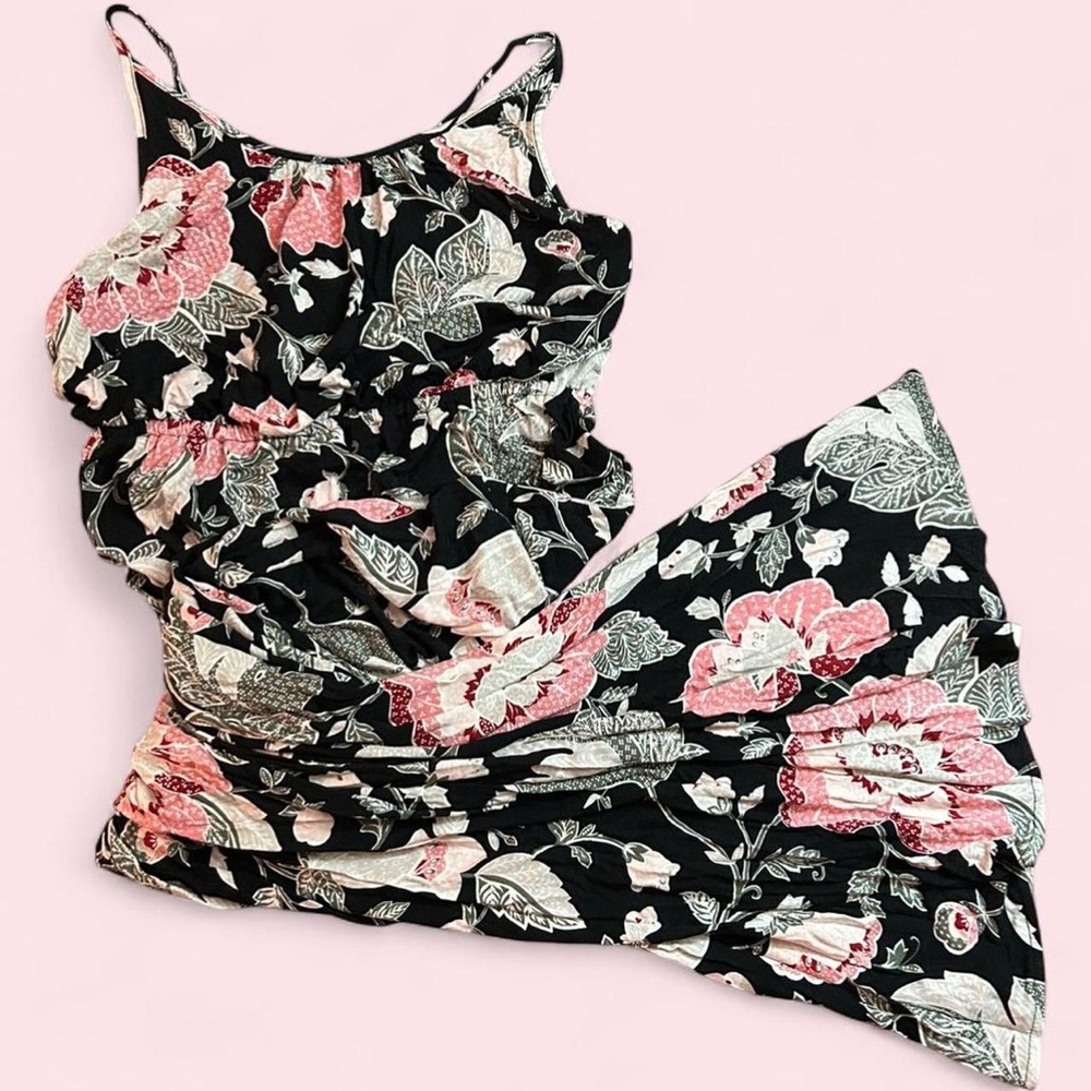 LOFT Black Maxi Dress with Pink & Cream Floral Straps